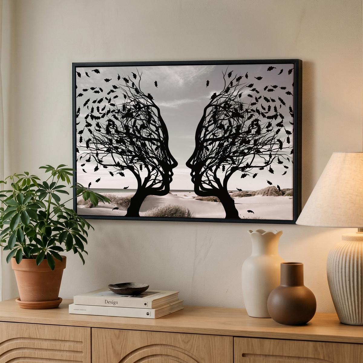 LEINWAND Bilder mit Rahmen - Strand - Meer - Menschen - Baum - Moderne Kunst - 60x40 - Hellgrau, Textil (60/40cm) - MuchoWow