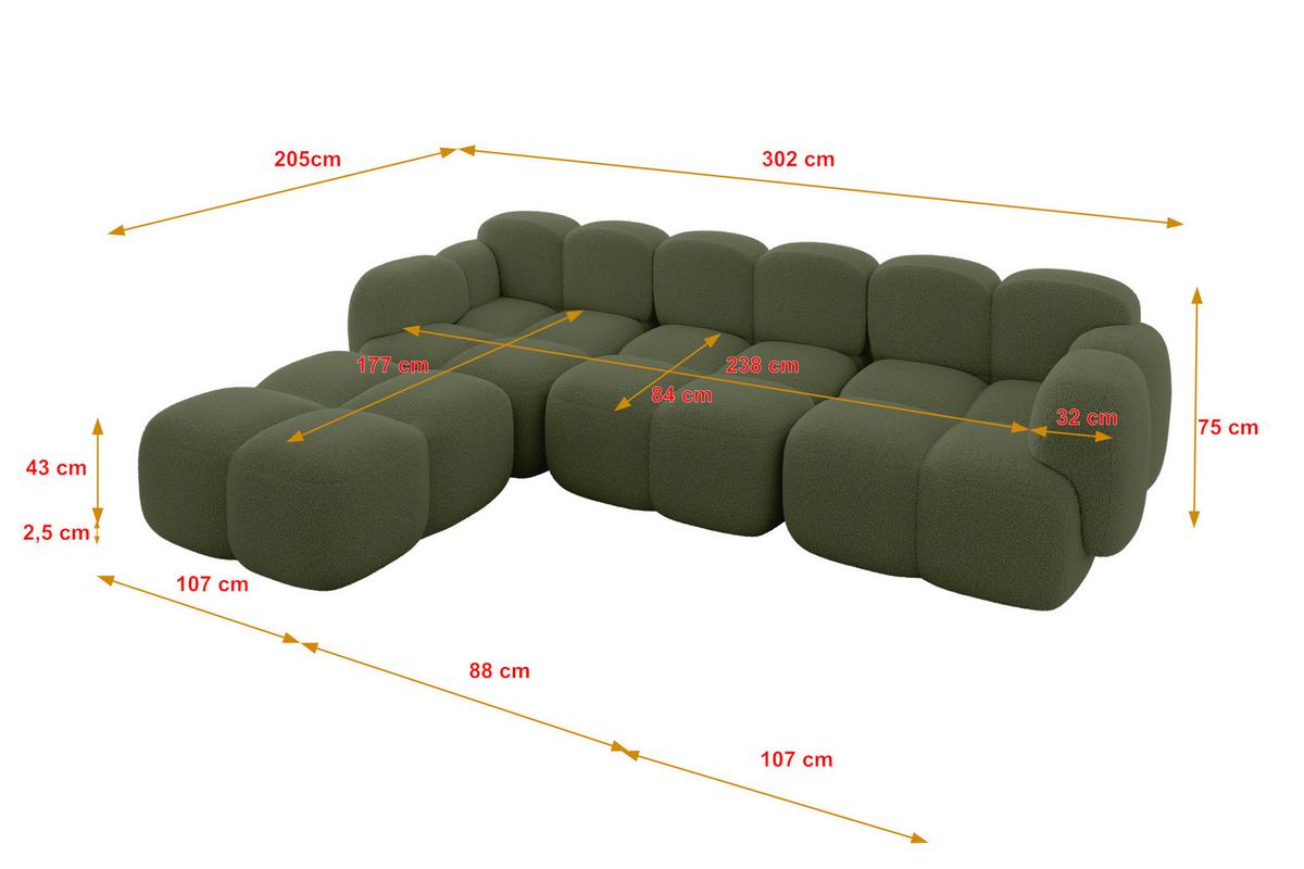 ECKSOFA modulares Sofa Links Miko-L2 302x205x75 Grün Bouclé - Smaragdgrün/Schwarz, Holzwerkstoff/Kunststoff (302/205cm) - ALTDECOR
