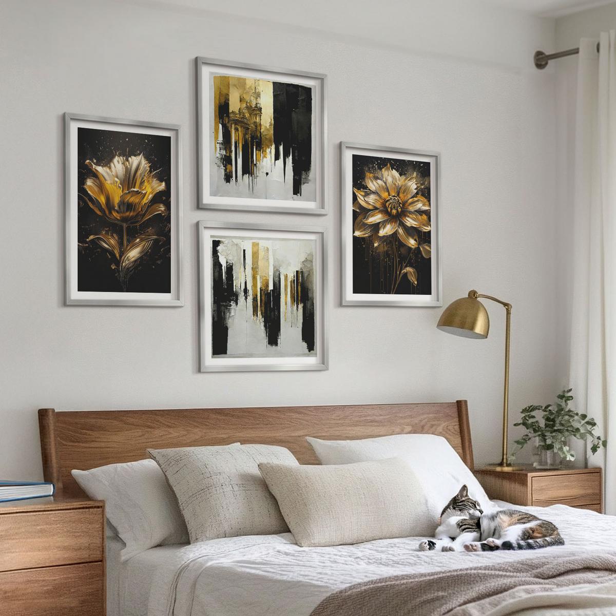 BILDER SET 4er Set - 50x50 cm & 40x60 cm Silberner Rahmen - Stilvolle moderne Blumen - Silberfarben, Kunststoff (50/50cm) - TULUP