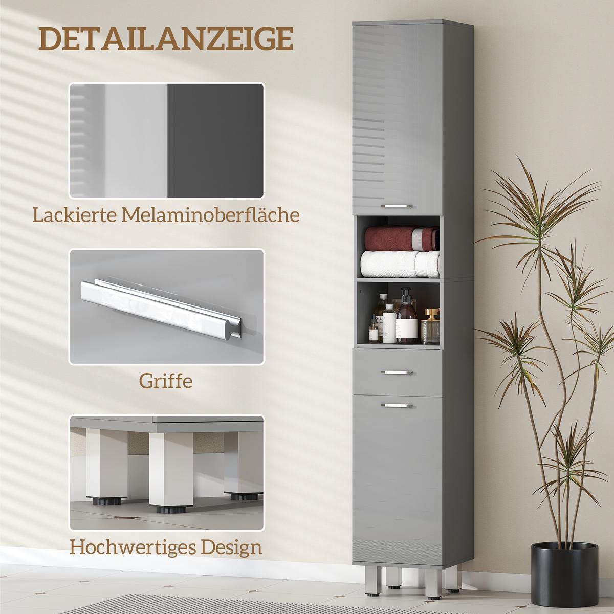 BADEZIMMERSCHRANK Spanplatte Grau - Alufarben/Grau, Holzwerkstoff/Kunststoff (30/180/30cm) - Kleankin