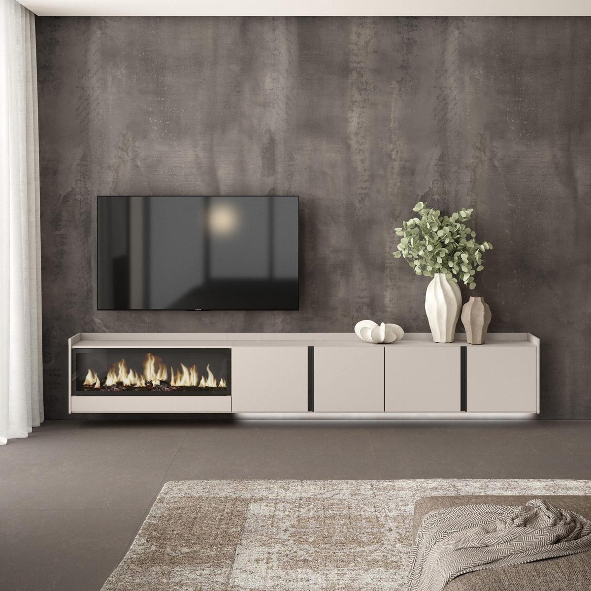 LOWBOARD, Beige, 315/35/50cm, Kamin mit Feuereffekt XXL - Beige, Holzwerkstoff (315/50/35cm) - Skraut Home