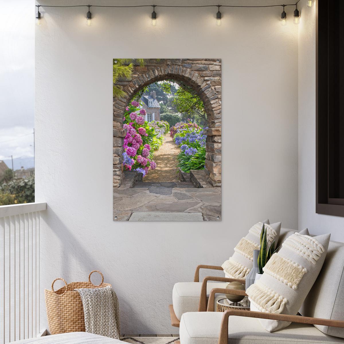 GARTENPOSTER Blumen - Guck-guck - Hortensie - Sommer Outdoor Bilder 80x120 cm - Braun, Kunststoff (80/120/0.2cm) - OnlyWow