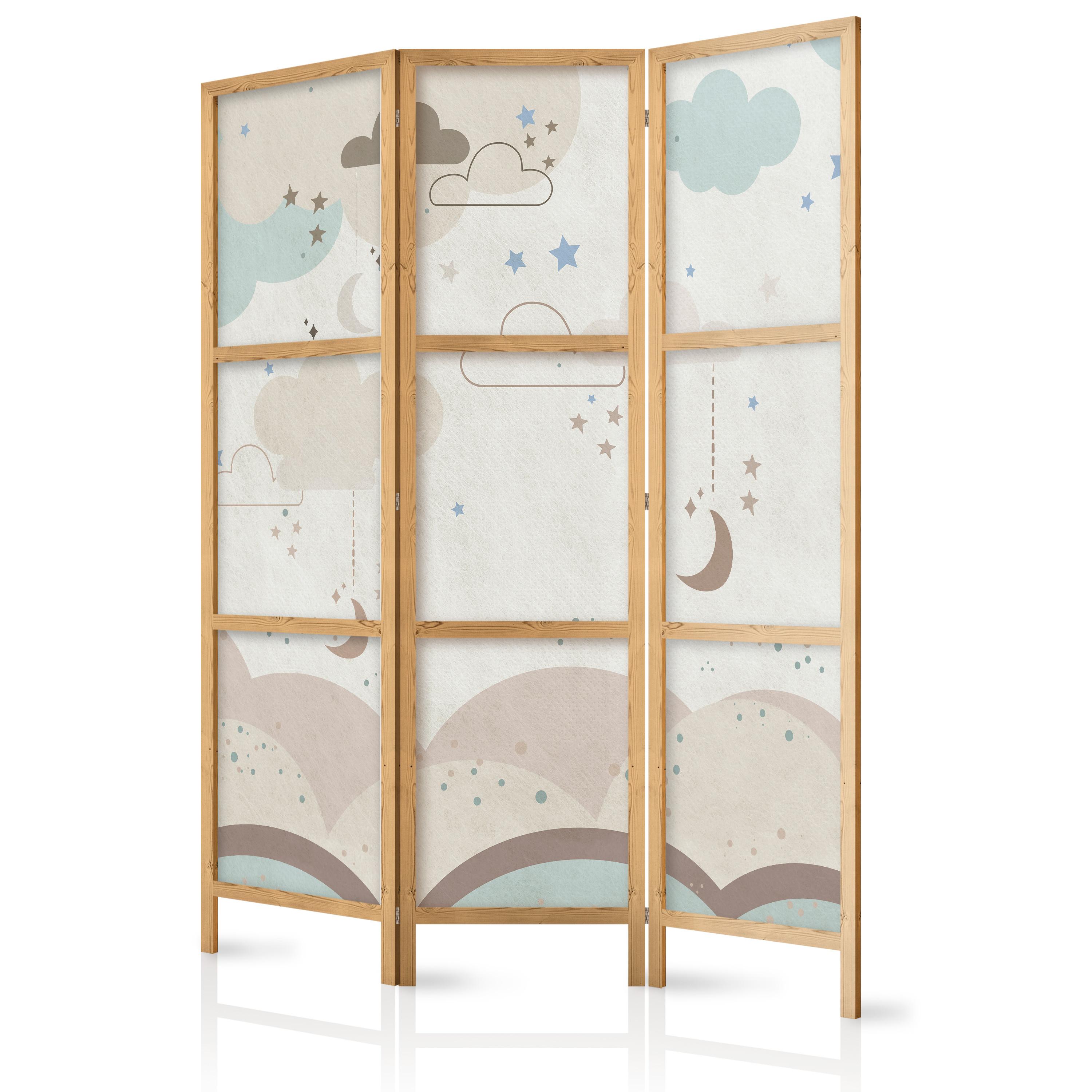PARAVENT Japanischer 3-tlg 135x172 cm Pastellfarbene Wolken und Sterne - Beige, Holz/Textil (135/172/3cm) - Muralo