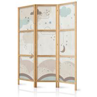 PARAVENT Japanischer 3-tlg 135x172 cm Pastellfarbene Wolken und Sterne - Beige, Holz/Textil (135/172/3cm) - Muralo