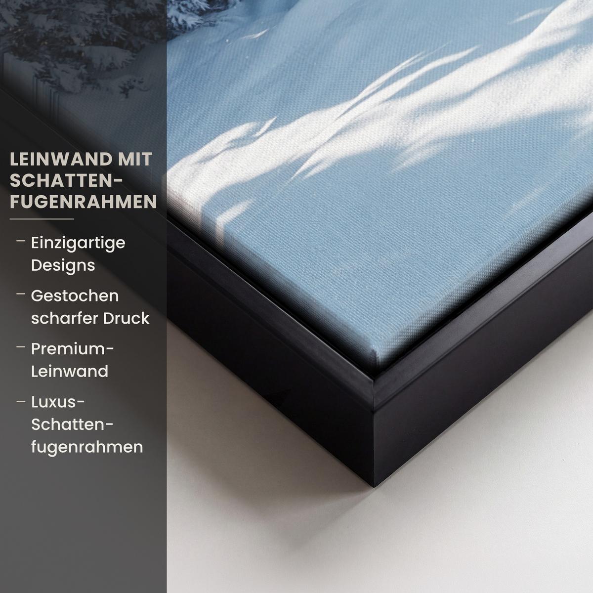 LEINWAND Bilder mit Rahmen - Winterlandschaft - Natur - Berge - Bäume - Schnee - 80x60 - Hellblau, Textil (80/60cm) - MuchoWow