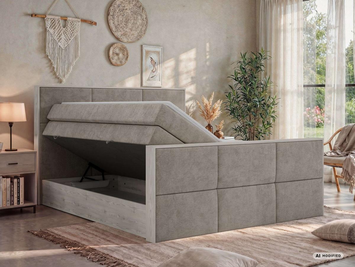 BOXSPRINGBETT DELNOR KING DUO 140/200 - Greige Stukture - Topper Visco - H4 - Greige/Schwarz, Kunststoff/Textil (140/200cm) - MKS