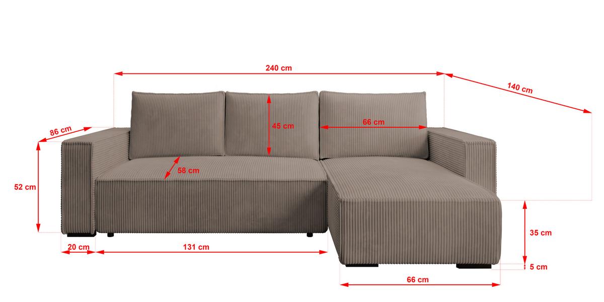 ECKSOFA CUDDY L, Eckcouch in L-Form mit Schlaffunktion und Bettkasten, Farbe: Braun, Cordstoff, Ottomane Rechts - Braun, Textil (240/140cm) - Storez24