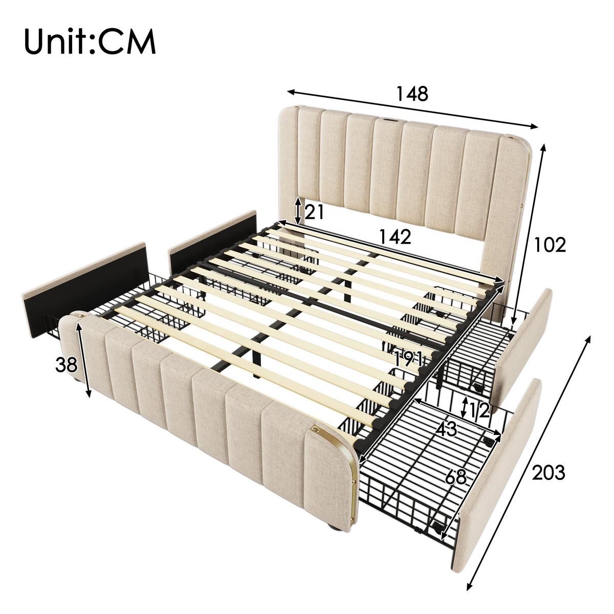POLSTERBETT 140x190 cm aus beigem leinen, mit 4 schubladen, usb-c und goldenen akzenten - Beige, Textil (140/190cm) - Urban Meuble