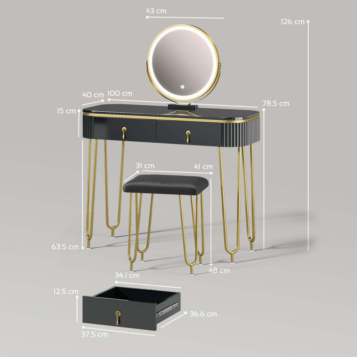 SCHMINKTISCH Isonca Schwarz mit LED Beleuchtung und Hocker - Schwarz, Holzwerkstoff (100/126/40cm) - Livinity®