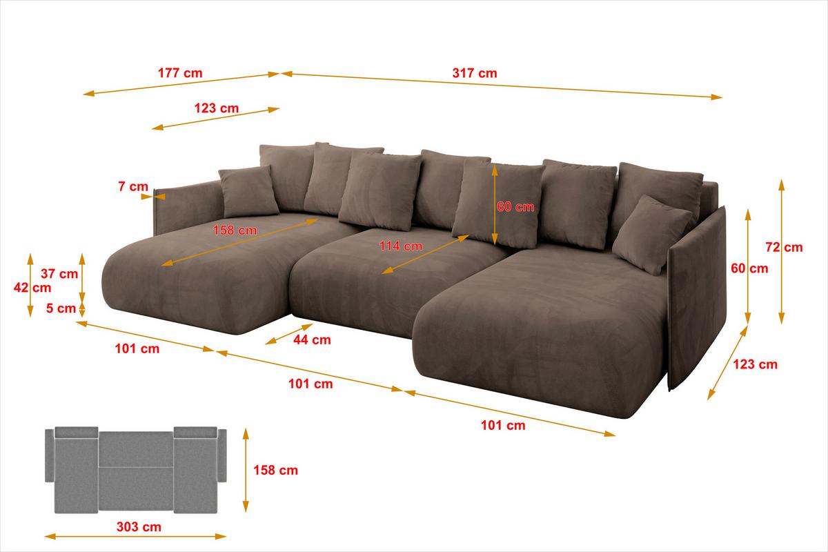 WOHNLANDSCHAFT mit Schlaffunktion und Bettkasten ONESK-U 317x177x72 Braun Velours - Braun, Holzwerkstoff/Kunststoff (317/72/177cm) - ALTDECOR