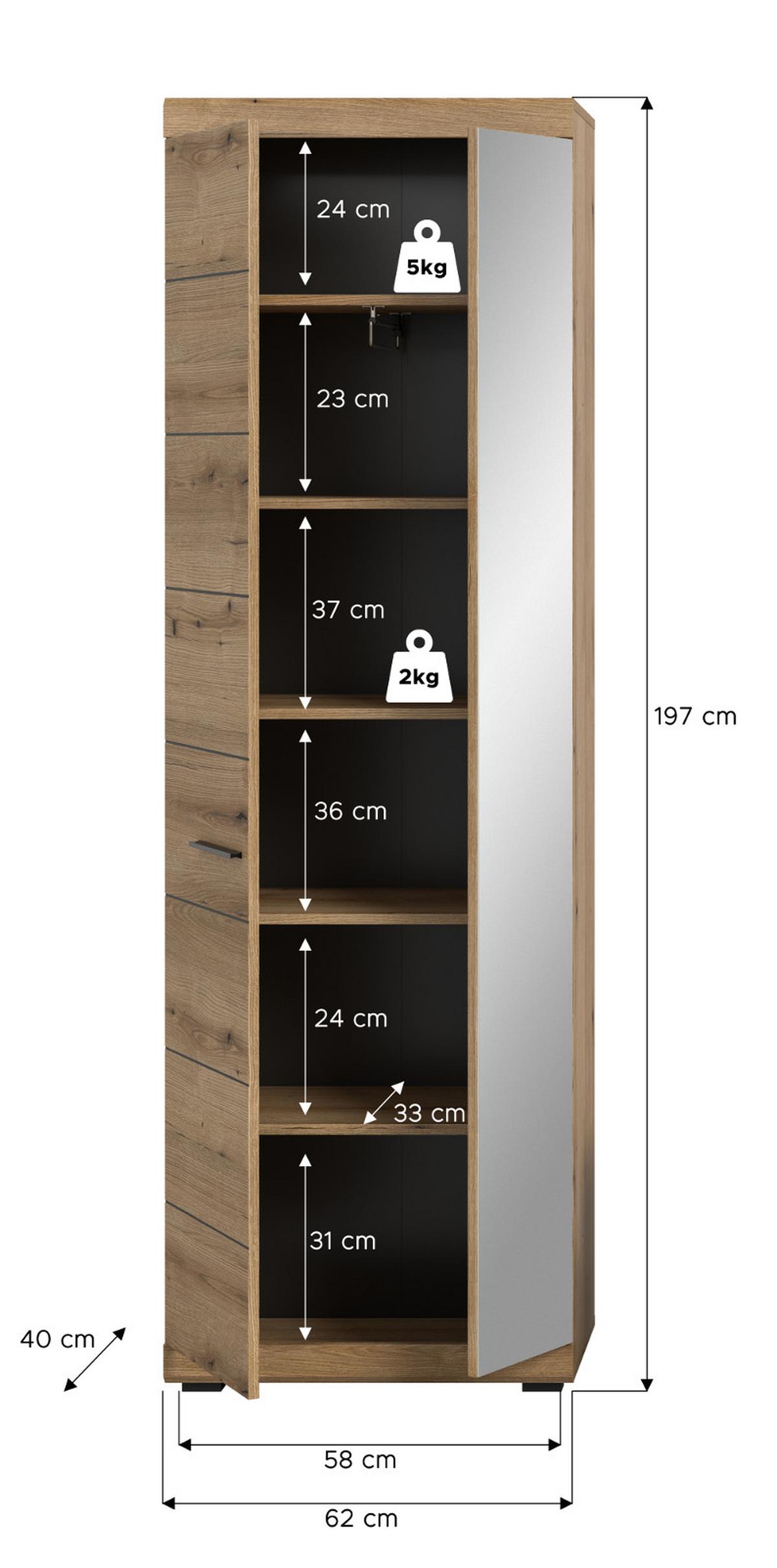 GARDEROBENSCHRANK Evoke Eiche, Flurschrank mit variabler Inneneinteilung - Eichefarben/Schwarz, Glas/Holzwerkstoff (62/197/37cm) - Inn.Furn