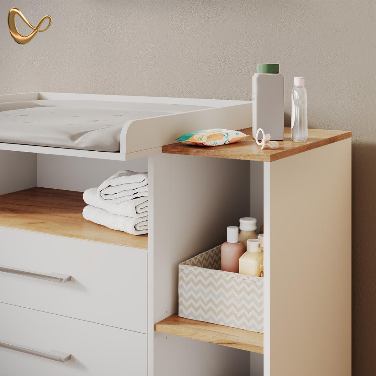 WICKELKOMMODE Torino Weiß/Goldkraft Eiche mit 3 Schubladen - Honigeiche/Weiß, Holzwerkstoff (113/93/53.1cm) - Livinity®