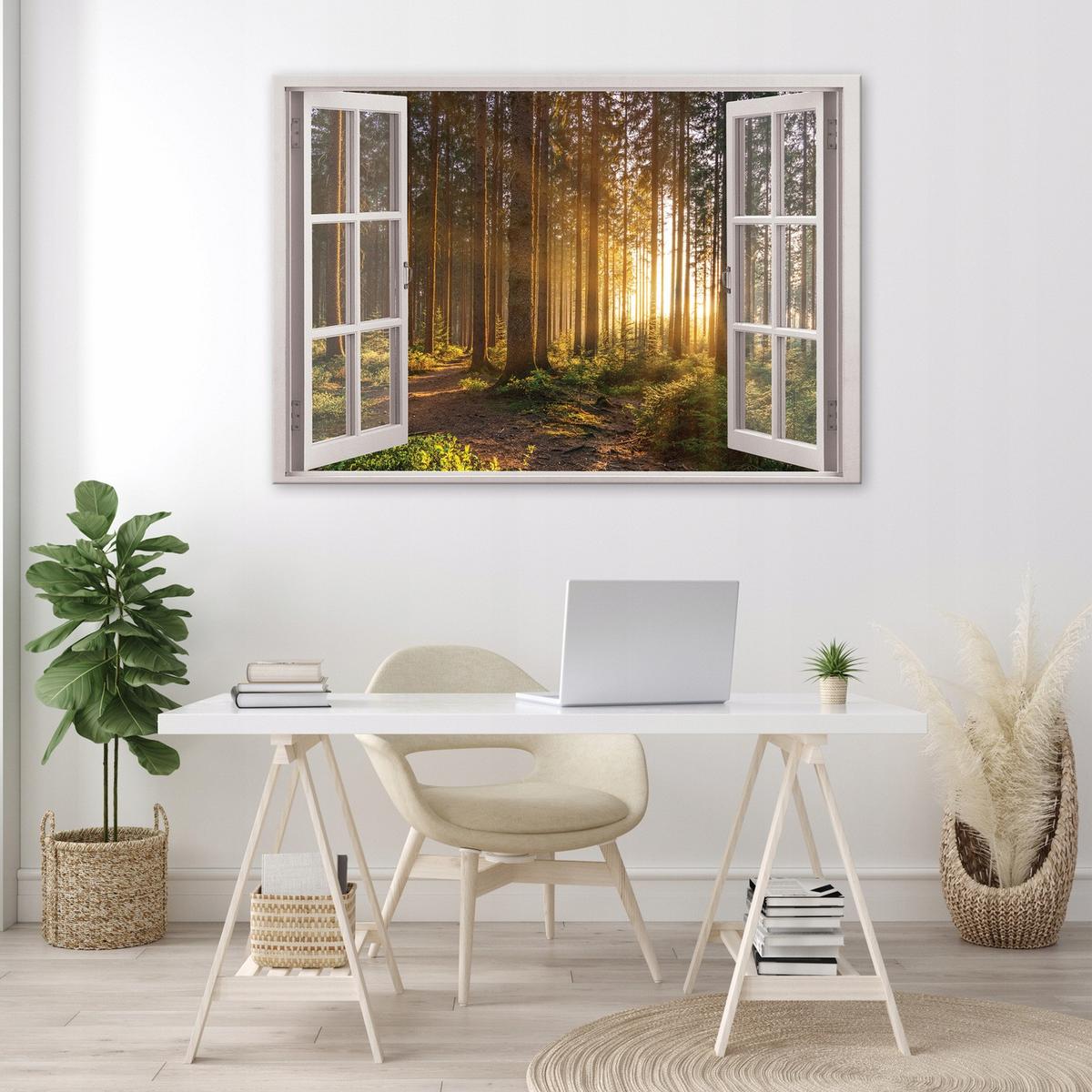 LEINWANDBILD Fenster Wald Bilder Wohnzimmer 120x80 - Multicolor, Holzwerkstoff (120/80cm) - Wallarena