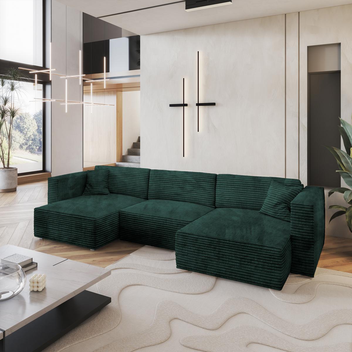 WOHNLANDSCHAFT SARMO Grün Kordstoff mit Schlaffunktion - Grau/Grün, Holz/Kunststoff (347/90/148cm) - MASSENO