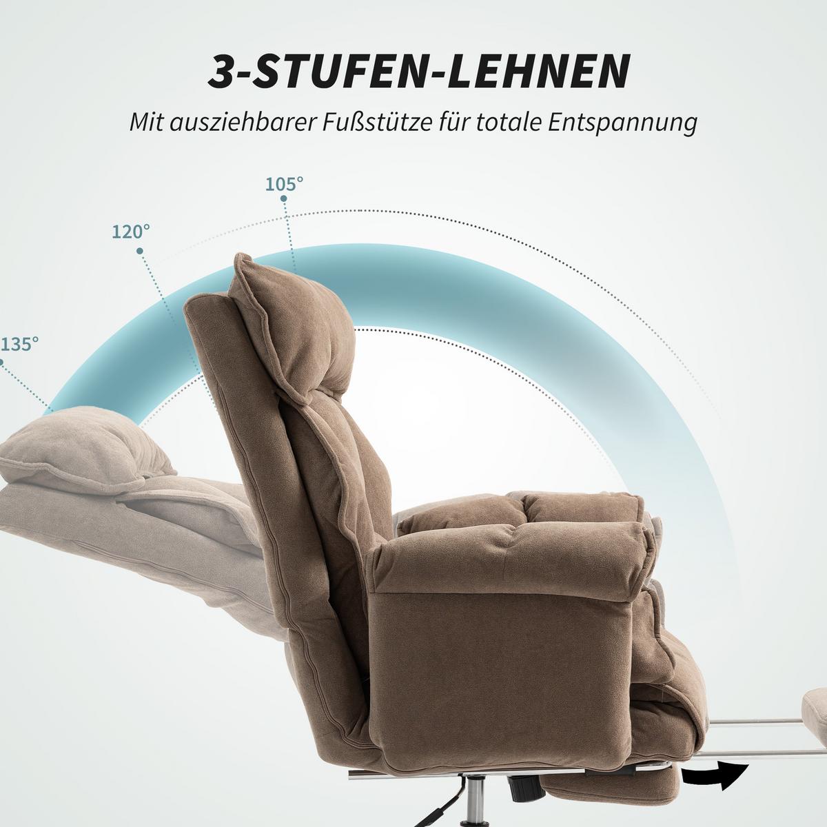 BÜROSTUHL Ergonomischer Schreibtischstuhl mit doppellagiger Polsterung Fußstütze - Hellbraun/Silberfarben, Textil/Metall (80/114/80cm) - HOMCOM
