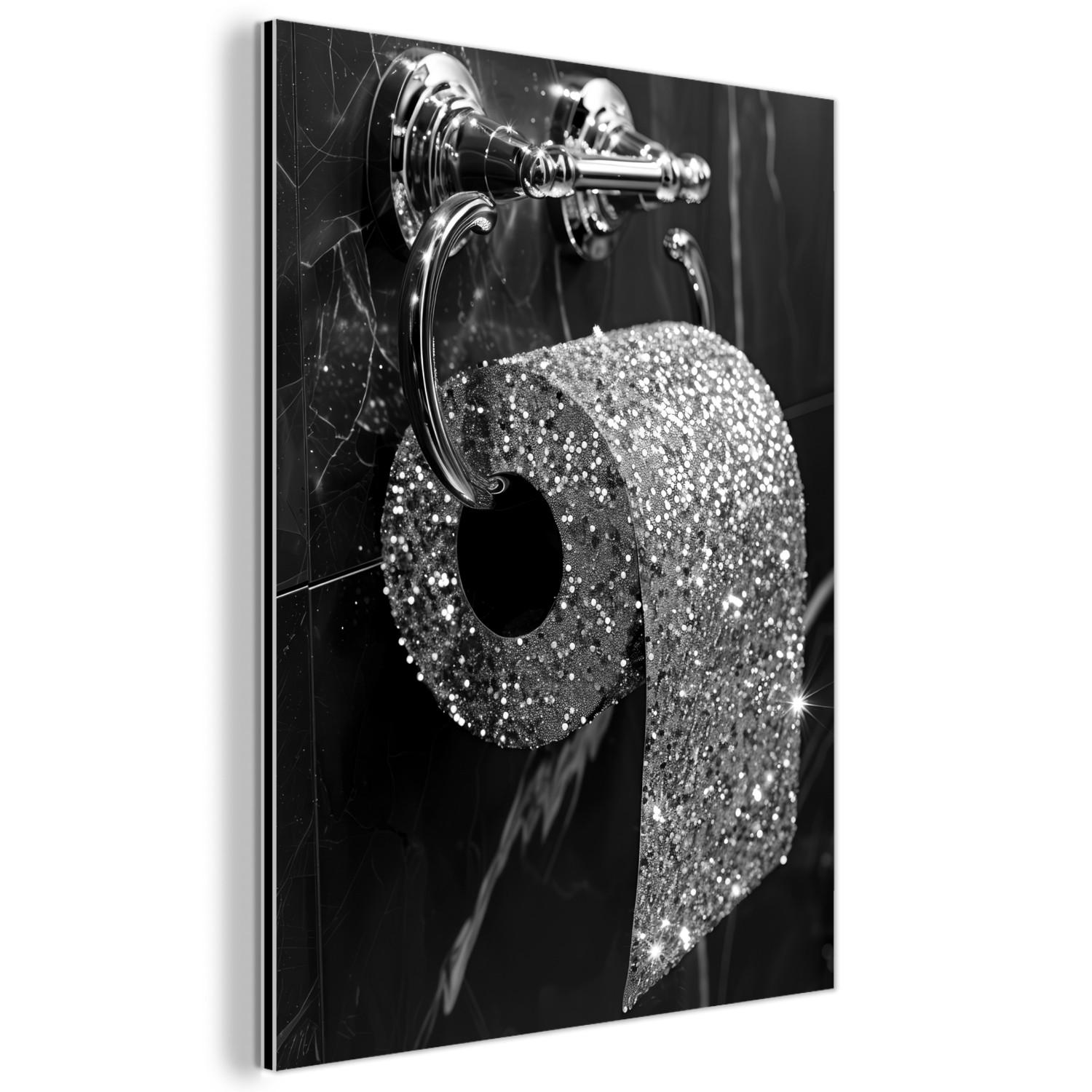METALLBILD WC - Toilettenpapier - Schwarz und weiß - Glitter 30x40 cm - Silberfarben, Metall (30/40cm) - MuchoWow