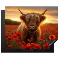 HERDABDECKPLATTE Schottische Highlander - Rosen - Blumenfeld - Sonnenuntergang Herdabdeckung Induktionsfeld 65x52 cm - Rotbraun, Kunststoff (65/52/0.2cm) - MuchoWow