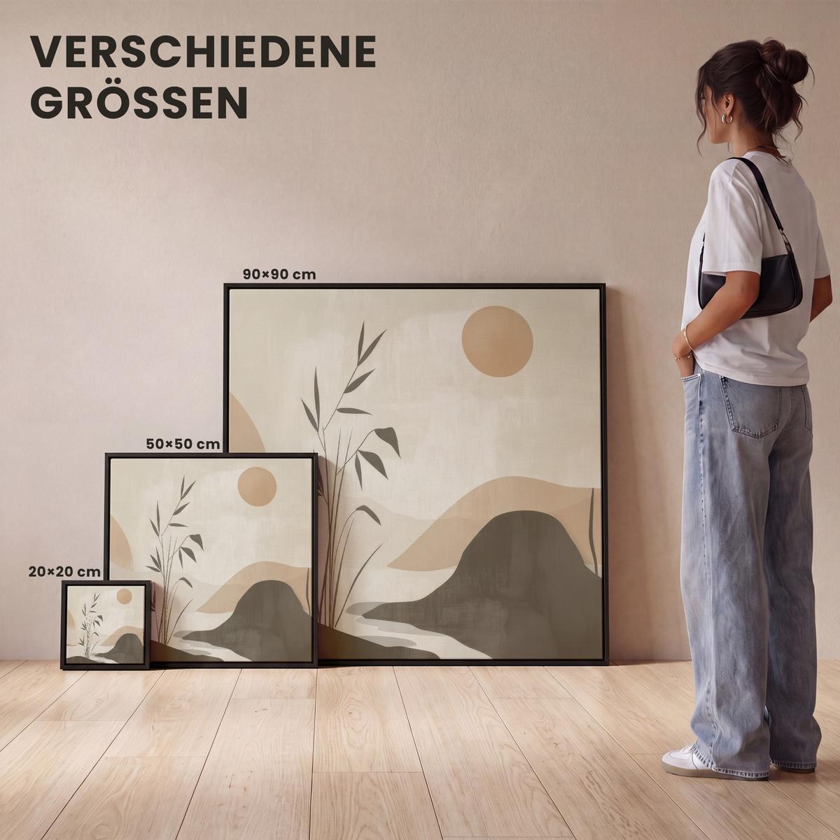 LEINWAND Bilder mit Rahmen - Japandi - Landschaft - Beige - 20x20 - Cognac, Textil (20/20cm) - MuchoWow
