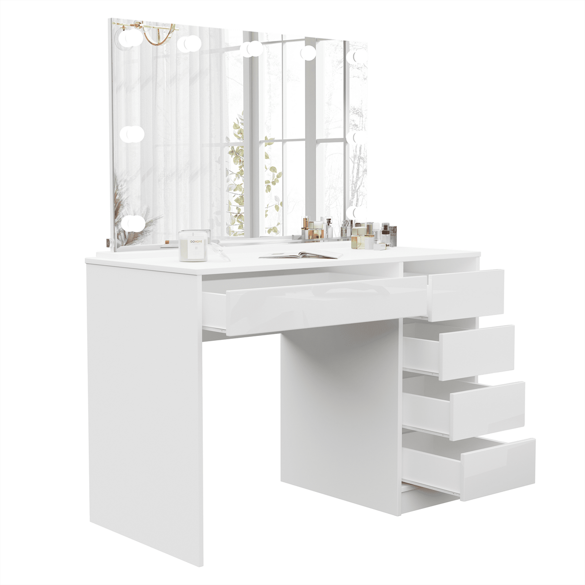 SCHMINKTISCH Bella Weiß Hochglanz 110 cm mit Spiegel und LED Beleuchtung - Weiß Hochglanz, Holzwerkstoff (110/77/55cm) - Idohome