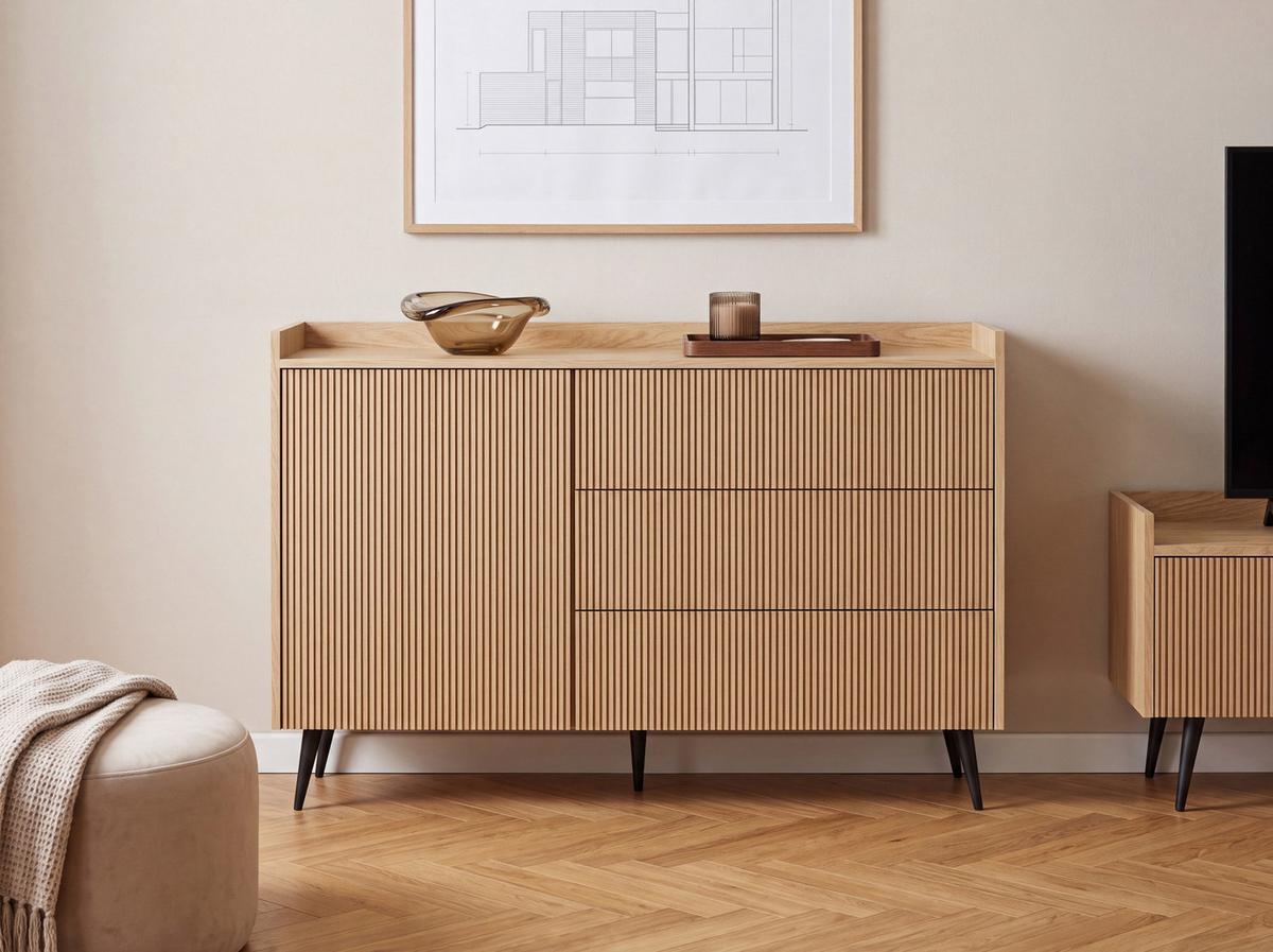 KOMMODE Arysa in Frühlings-Eiche Hellbraun 92/126/41 cm - Eichefarben/Schwarz, Holzwerkstoff/Metall (126/92/41cm) - WFL GROUP