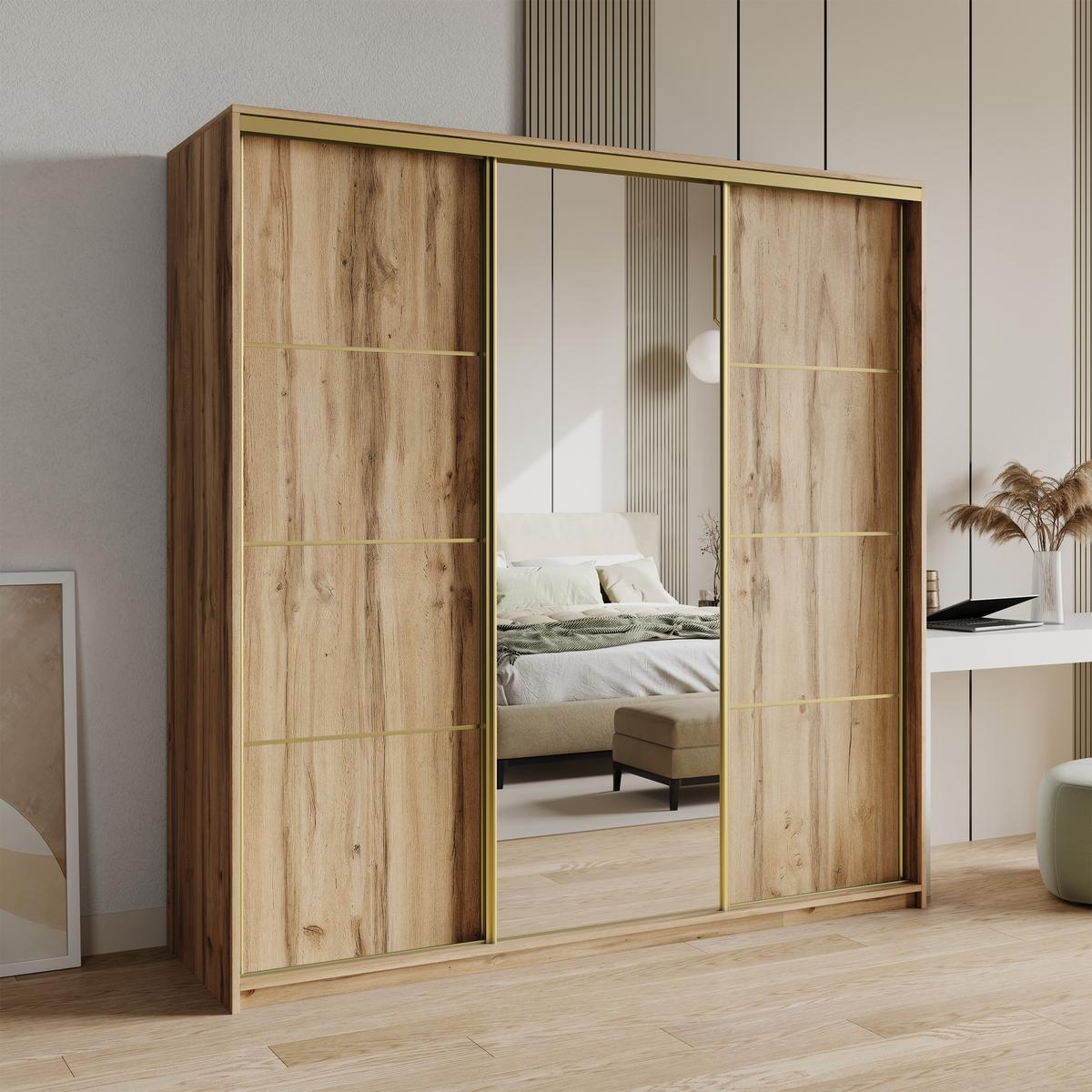SCHWEBETÜRENSCHRANK VARO 200/205/60 cm 3-türig mit Spiegel Eiche Wotan - Eiche Wotan, Holzwerkstoff (200/205/60cm) - MASSENO
