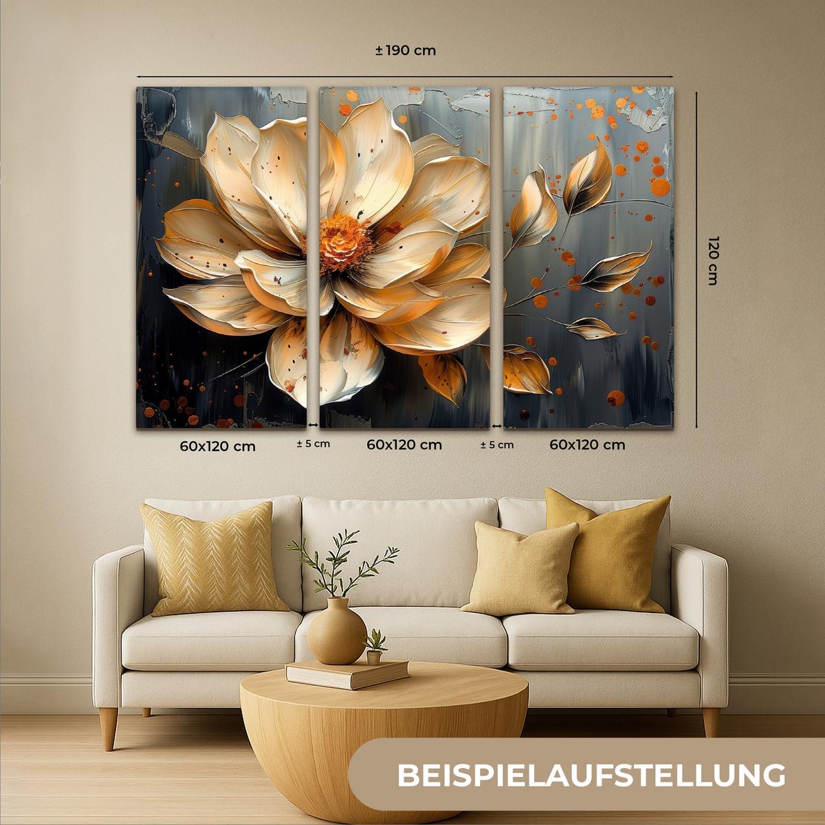 LEINWANDBILD 3er Set Blume - Gold - Abstrakt - Farbe 180x120 cm - Creme, Textil (180/120cm) - MuchoWow