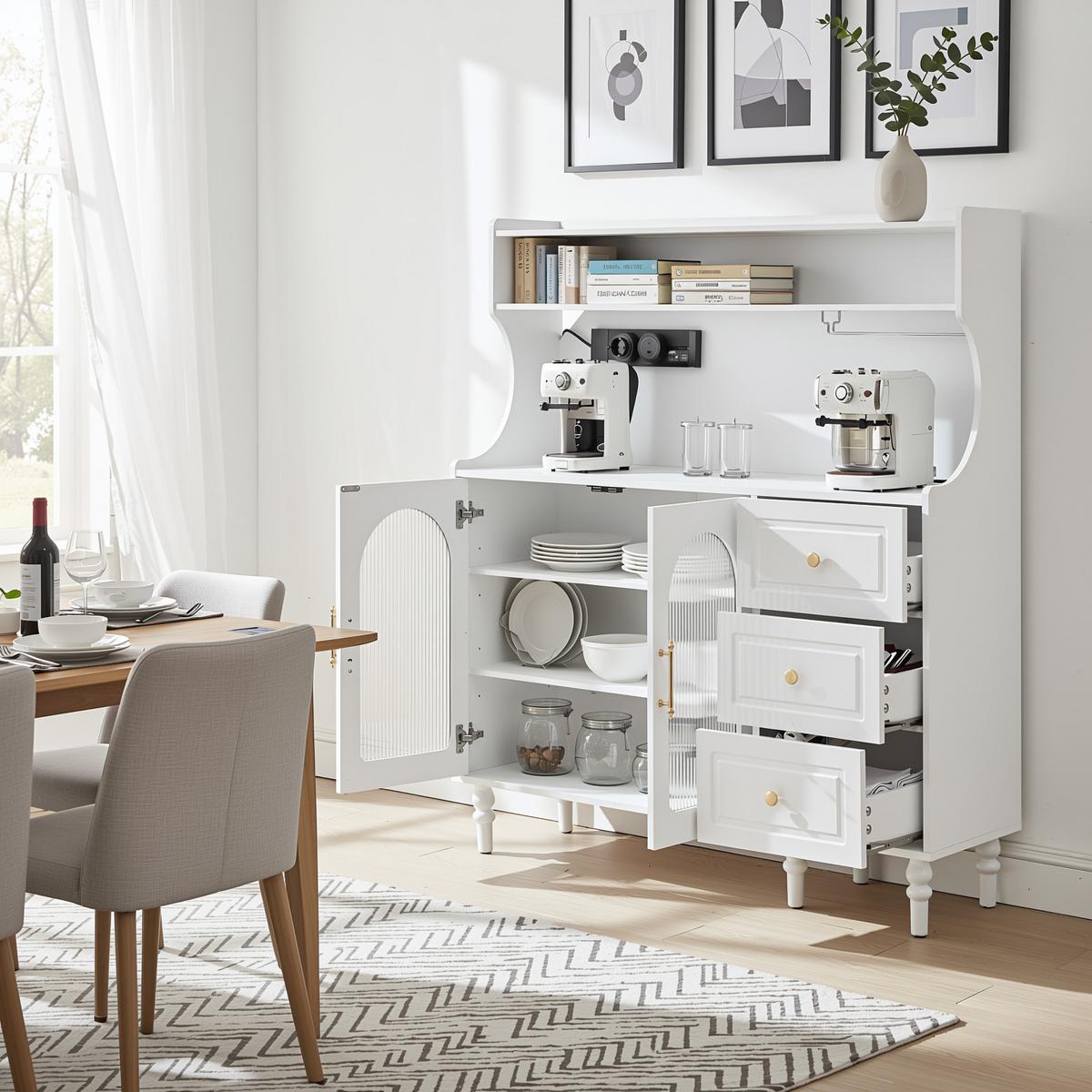 BUFFETSCHRANK mdf in weiß mit riffelglas, ladestation & weinglashalter - Weiß, Holzwerkstoff (120/138.5/40cm) - Urban Meuble
