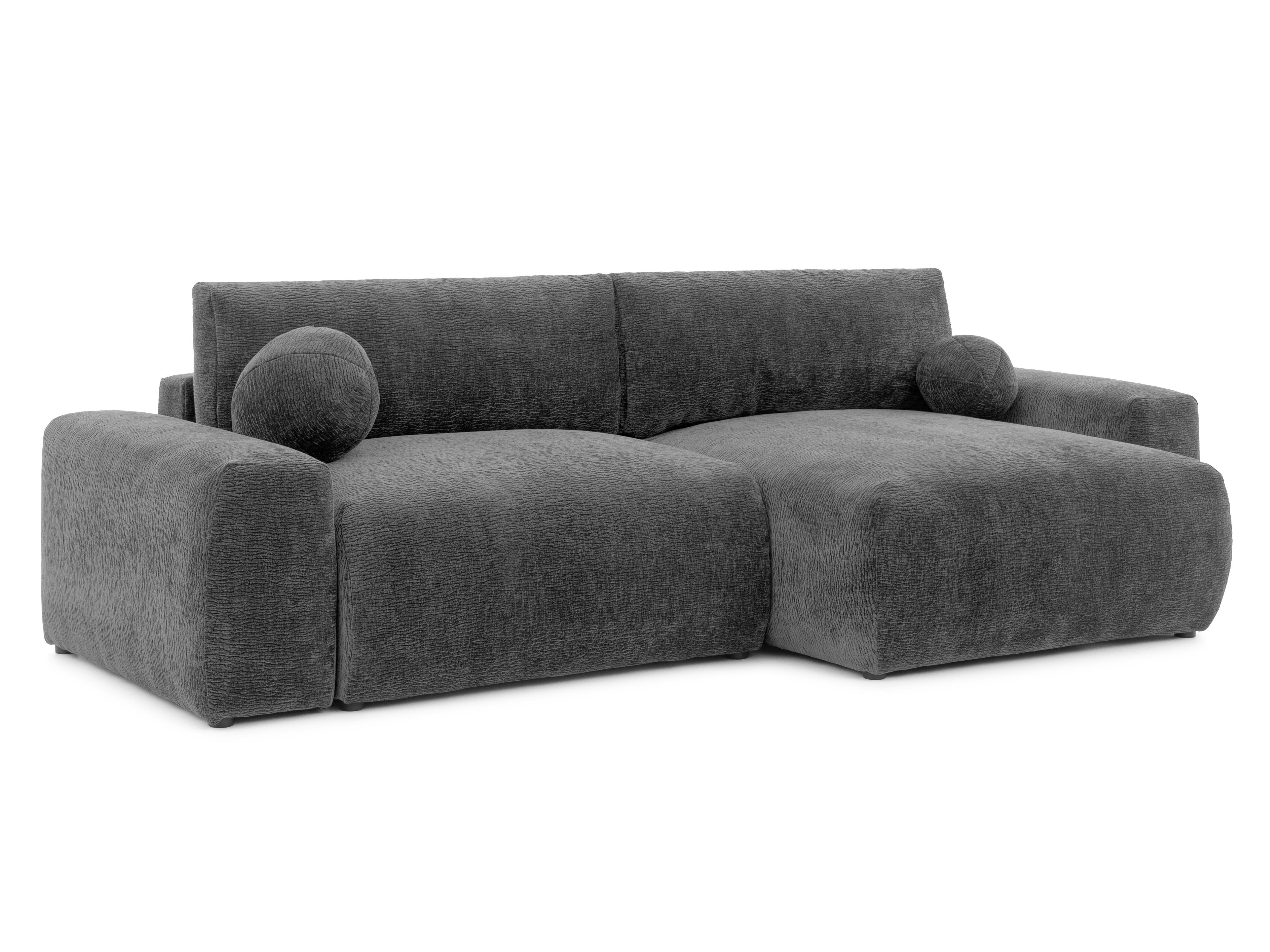 ECKSOFA Puffy mit Schlaffunktion und Bettkasten - weich und puffig aus Dunkelgrau Chenillegewebe mit markanter Struktur - Ottomane rechts - Dunkelgrau/Schwarz, Holz/Kunststoff (266/138cm) - S-Style