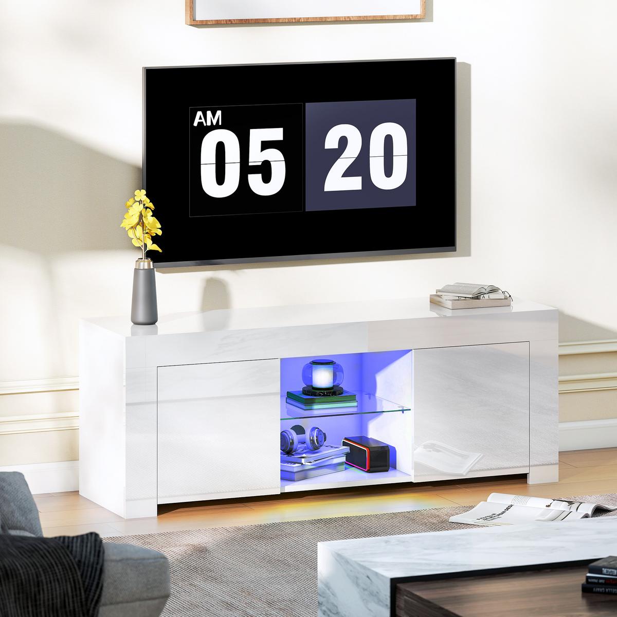 TV-SCHRANK mit LED-Beleuchtung, 2 Schranktüren, Glasregal, Kabellöcher Weiß - Weiß Hochglanz/Weiß, Glas/Holzwerkstoff (34/45/120cm) - HOMCOM