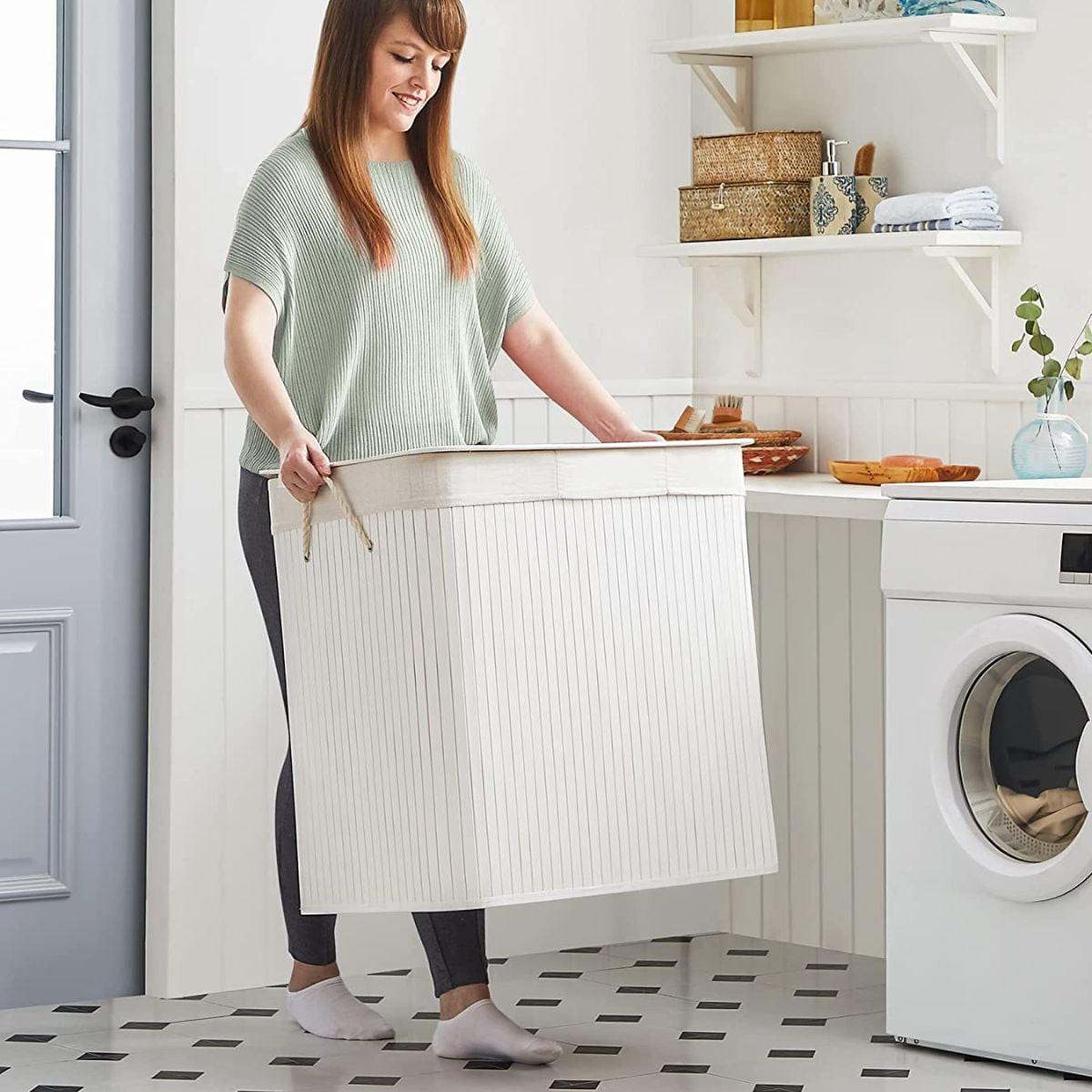 WÄSCHEKORB 3 Fächer mit abnehmbaren Beuteln Bambus und Weiß - Weiß, Holz (42.5/61.5/64cm) - Calicosy