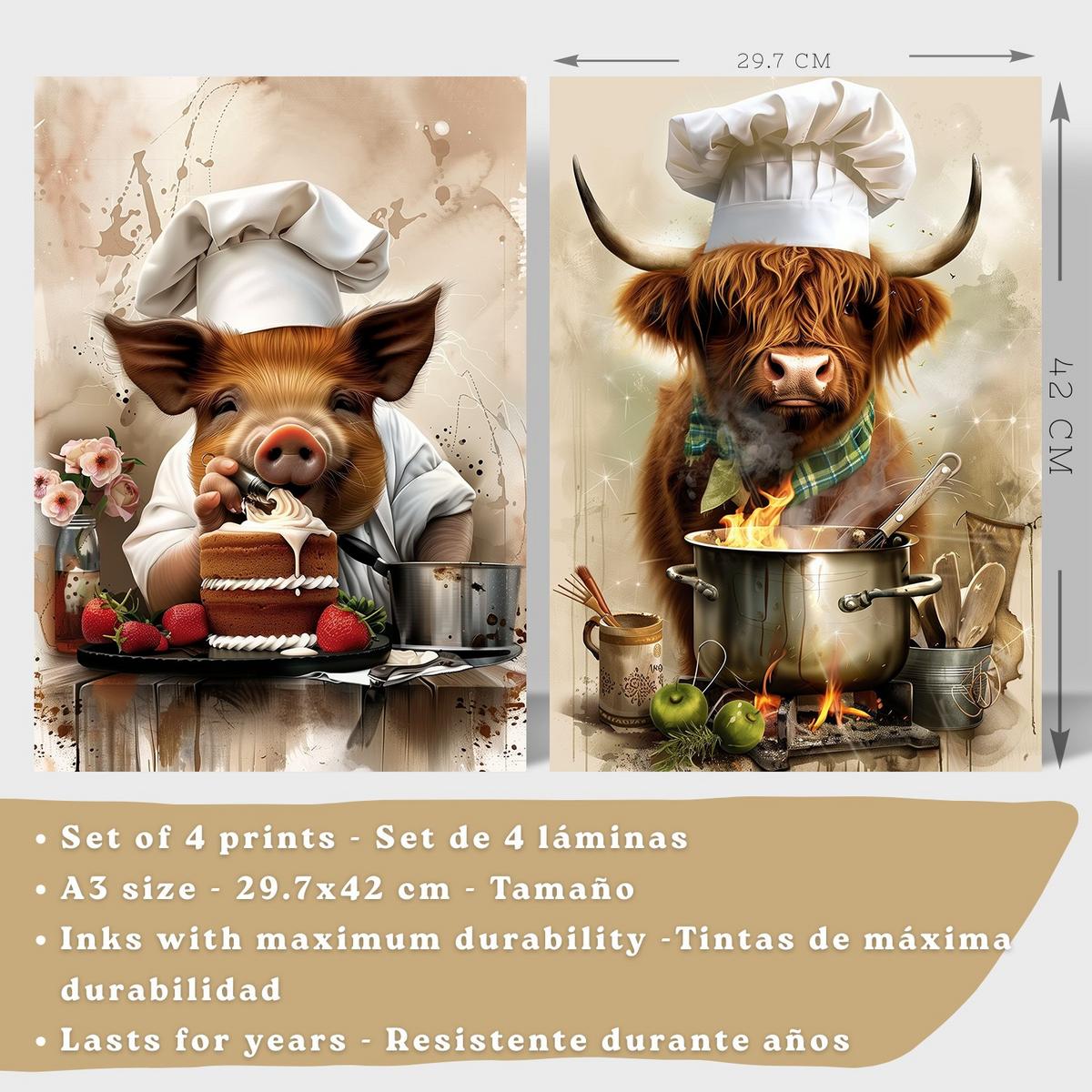 POSTER 4er Set Tier Koch Wandbilder Schwein Bäcker und Highland-Rind Köchin Illustration Küche Wanddeko Weißer Rahmen A3 - Weiß, Papier (29.7/1/42cm) - Nacnic