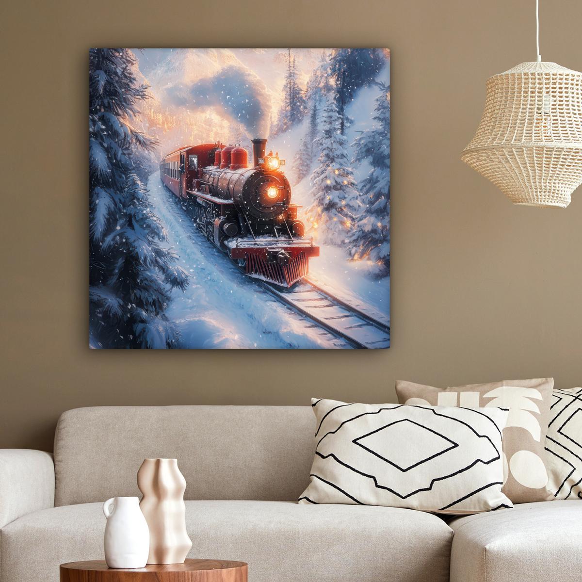 LEINWANDBILD Weihnachtszug - Schnee - Winter - Weihnachten Deko Groß 90x90 cm - Dunkelrot, Textil (90/90cm) - MuchoWow