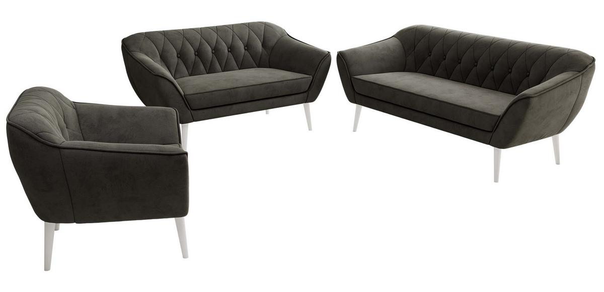 SITZGARNITUR PIRS 3+2+1 - Dunkelgrau Velvet - Weiße Beine - Dunkelgrau/Weiß, Holzwerkstoff/Textil (180/75/74cm) - MKS