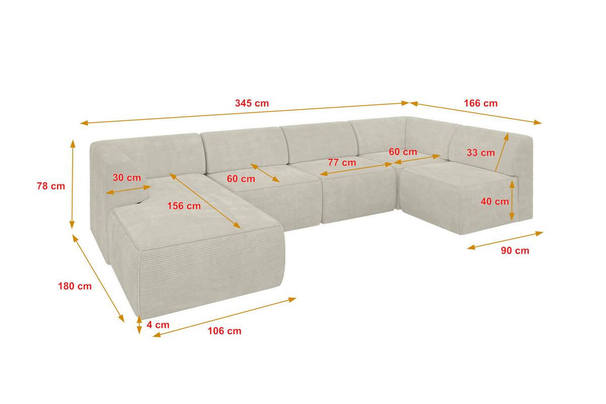 WOHNLANDSCHAFT Ottomane Links MOVO-L 345x180x78 cm Cream Cord - Creme, Holzwerkstoff/Kunststoff (345/78/180cm) - ALTDECOR