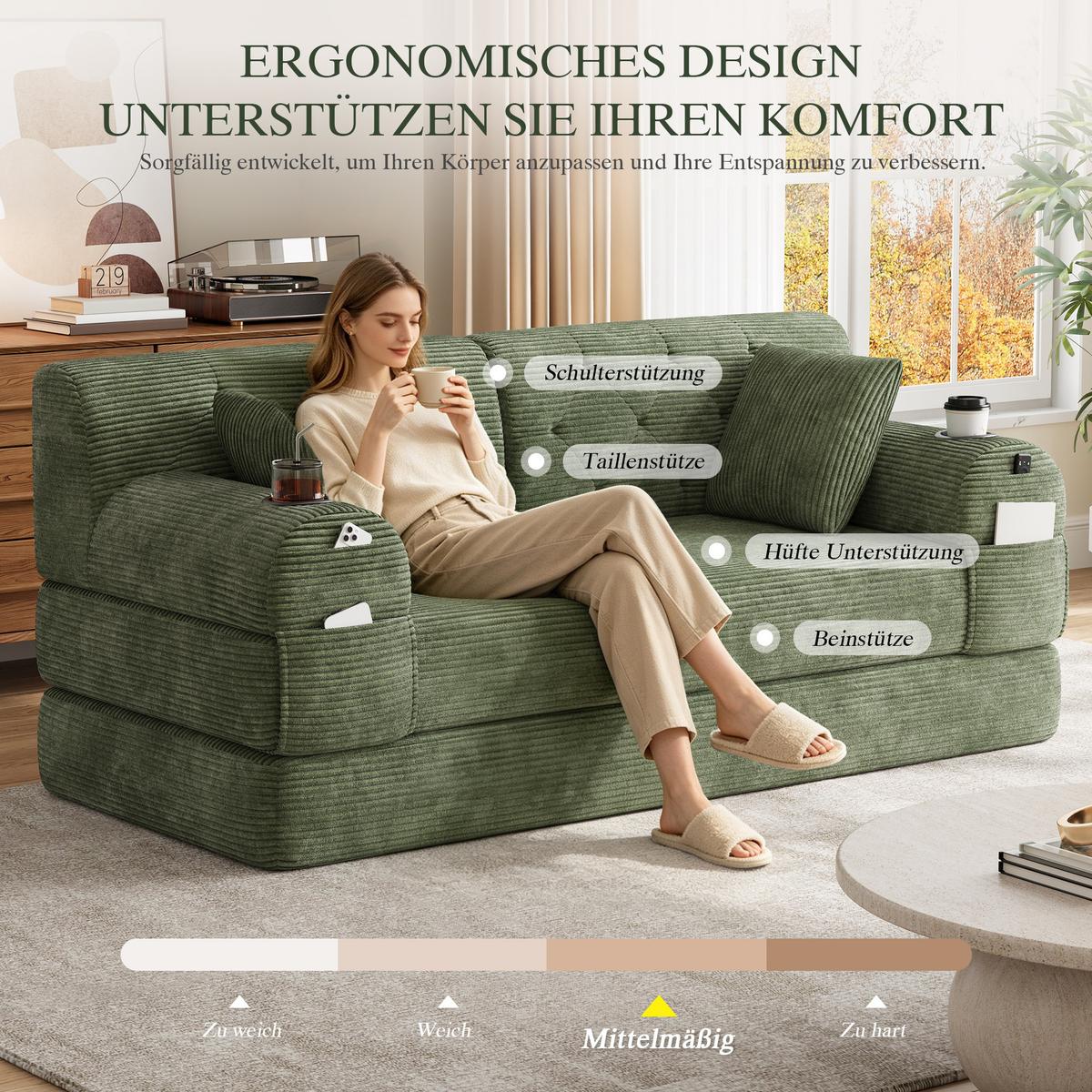 SCHLAFSOFA 2-in-1 Doppelschlafsofa Chenille Ausklappbar - Grün, Textil (168/81/80cm) - Urban Meuble