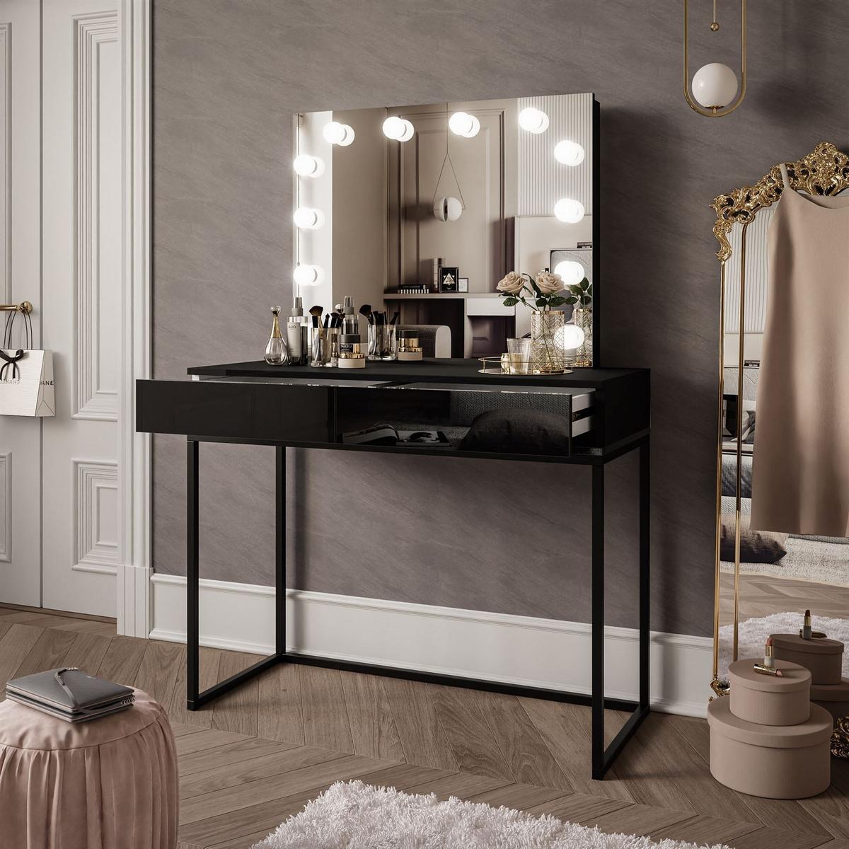 SCHMINKTISCH BLANCO LOFT ELITE mit Spiegel und Beleuchtung Schwarz Hochglanz PUSH OPEN - Schwarz Hochglanz/Schwarz, Holzwerkstoff (100/146/42cm) - Lookway