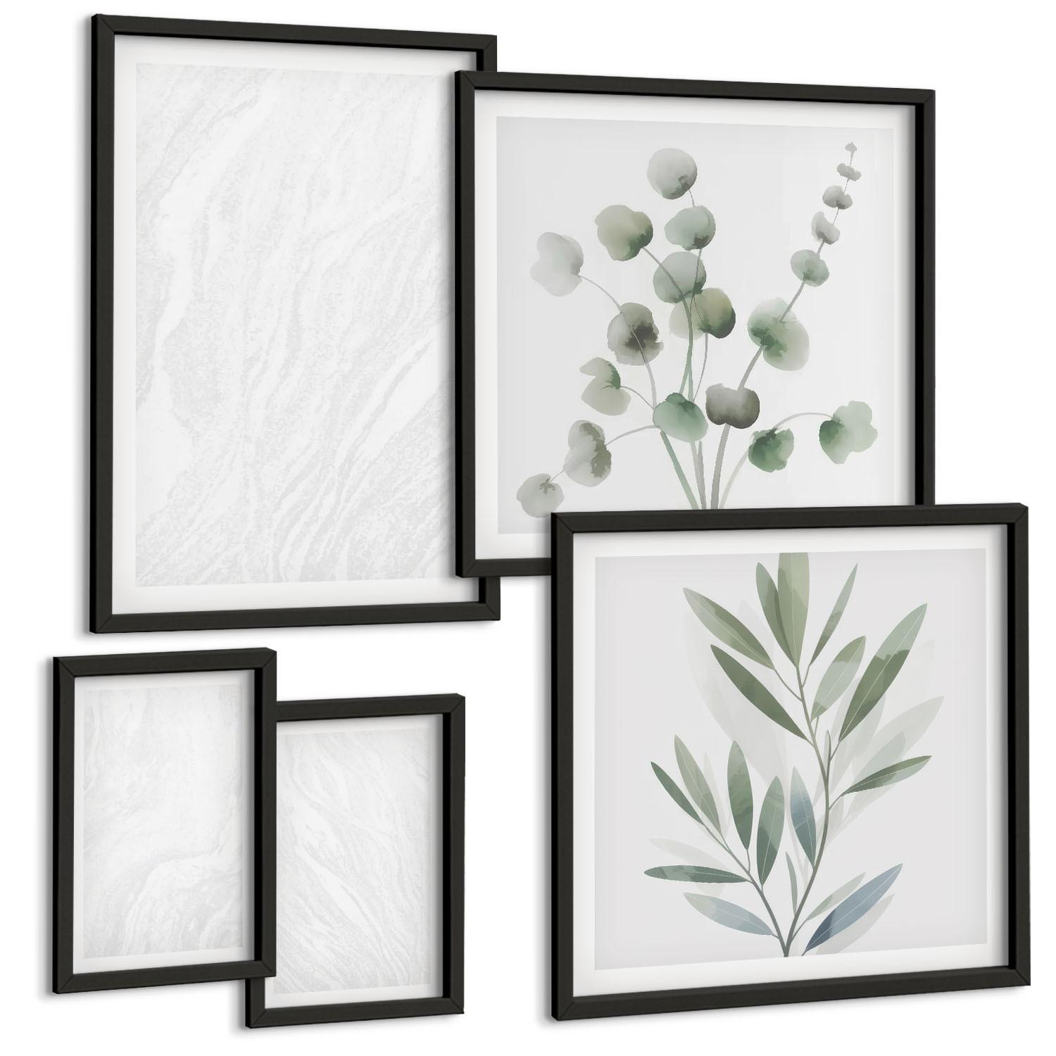 BILDER SET 5er Set - 50x50 cm & 20x30 cm & 40x60 cm Schwarzer Rahmen - Marmorstruktur, pastellfarbene Zweige - Schwarz, Kunststoff (40/60cm) - TULUP