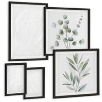 BILDER SET 5er Set - 50x50 cm & 20x30 cm & 40x60 cm Schwarzer Rahmen - Marmorstruktur, pastellfarbene Zweige - Schwarz, Kunststoff (40/60cm) - TULUP