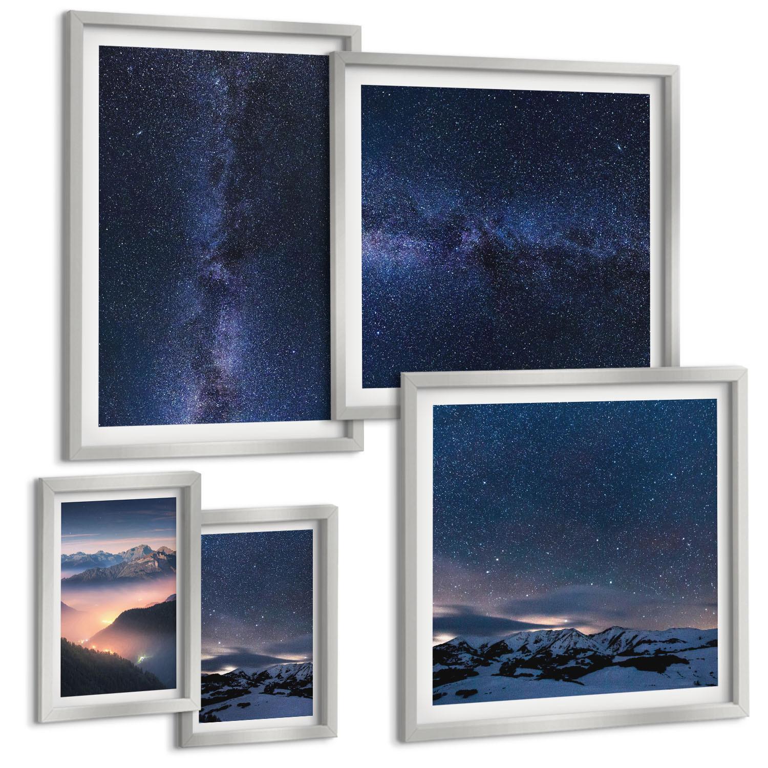 BILDER SET 5er Set - 50x50 cm & 20x30 cm & 40x60 cm Silberner Rahmen - Spiegelung der Felsen in Bergseen - Silberfarben, Kunststoff (40/60cm) - TULUP