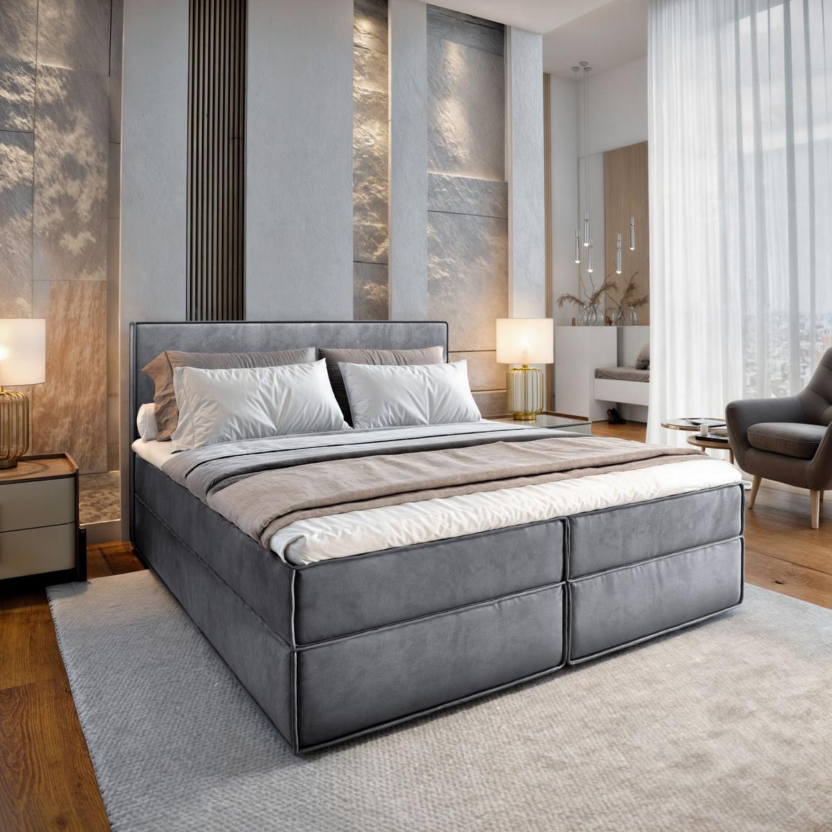 BOXBETT PELLIO 160x200 cm mit Matratze und Topper - Grau - Grau, Holz (160/200cm) - MASSENO