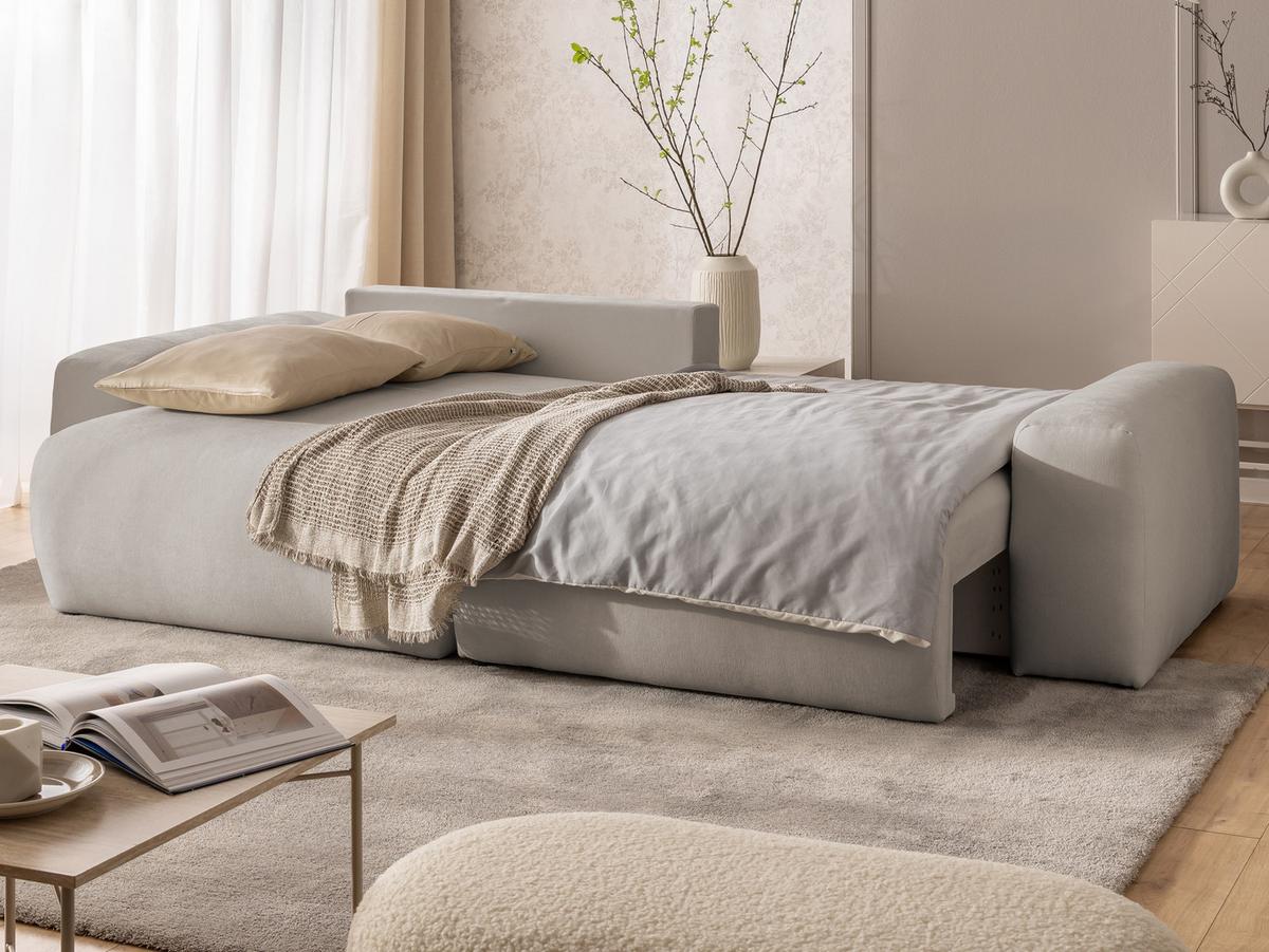 ECKSOFA Puffy mit Schlaffunktion und Bettkasten - besonders weich und puffig aus Beige Webstoff - Ottomane links - Beige/Schwarz, Holz/Kunststoff (138/266cm) - S-Style Möbel