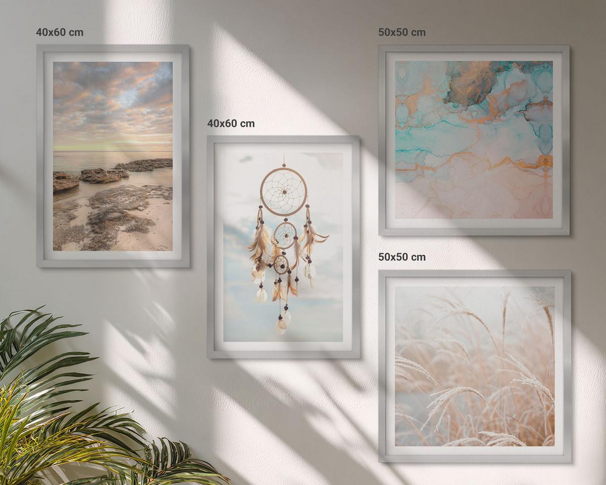 BILDER SET 4er Set - 50x50 cm & 40x60 cm Silberner Rahmen - Wolkenmeer, Traumfänger, Gras - Silberfarben, Kunststoff (50/50cm) - TULUP