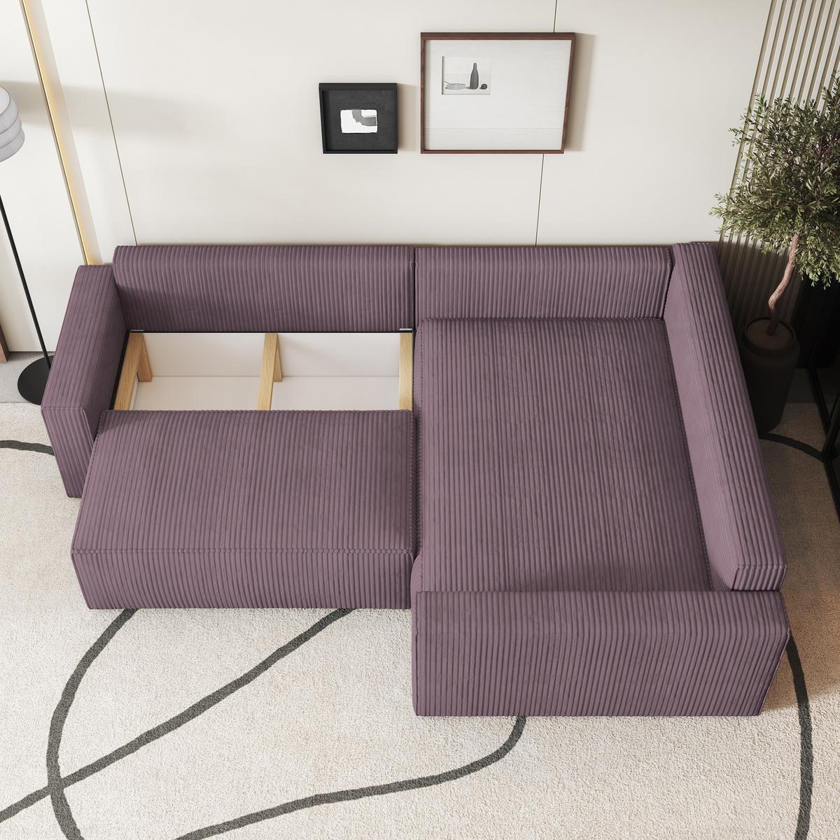 ECKSOFA ERONIS R-S Lila Kordstoff mit Schlaffunktion - Lila, Holz (265/194cm) - MASSENO