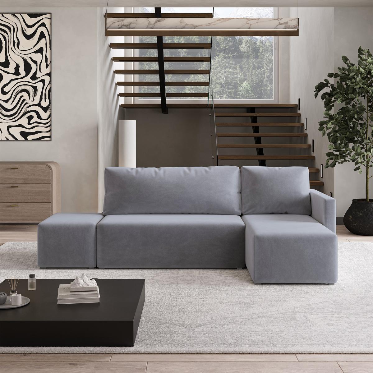 ECKSOFA VELOTTI R-S Grau Plüsch-Stoff mit Schlaffunktion - Grau, Holz (261/143cm) - MASSENO