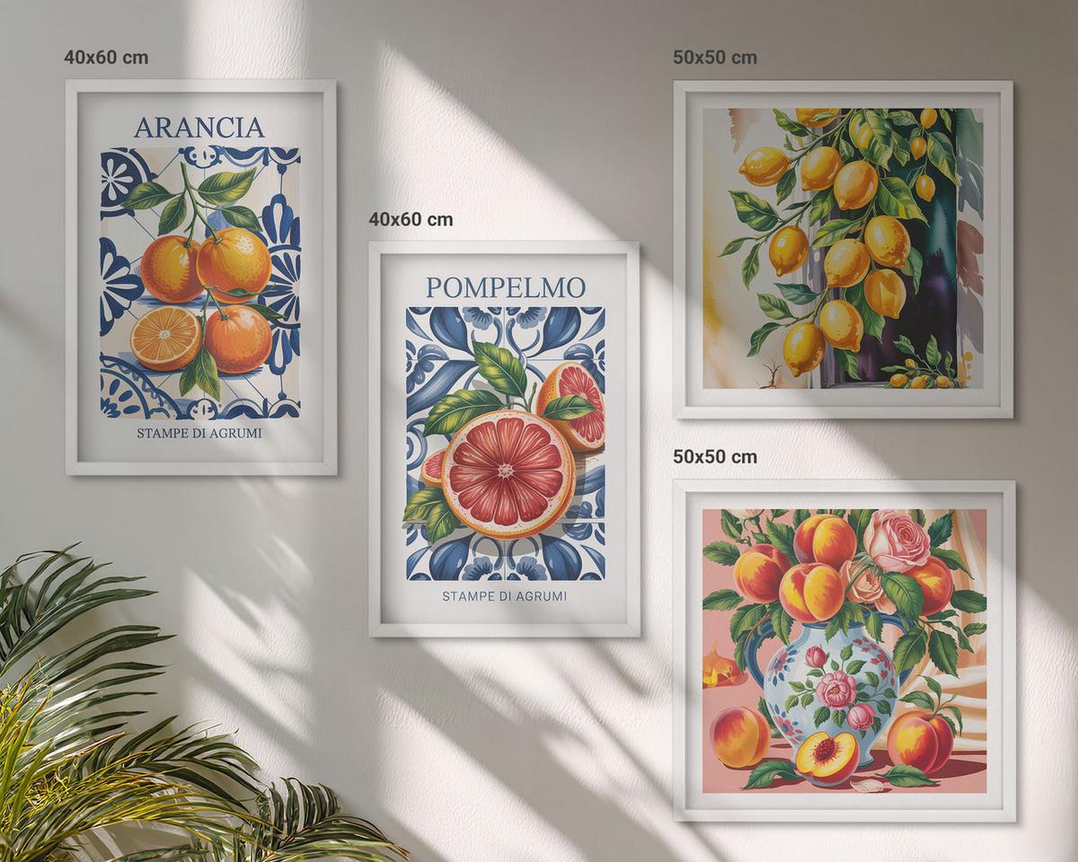 BILDER SET 4er Set - 50x50 cm & 40x60 cm Weißer Rahmen - Italienische Zitrus-Modeplakate - Weiß, Kunststoff (50/50cm) - TULUP