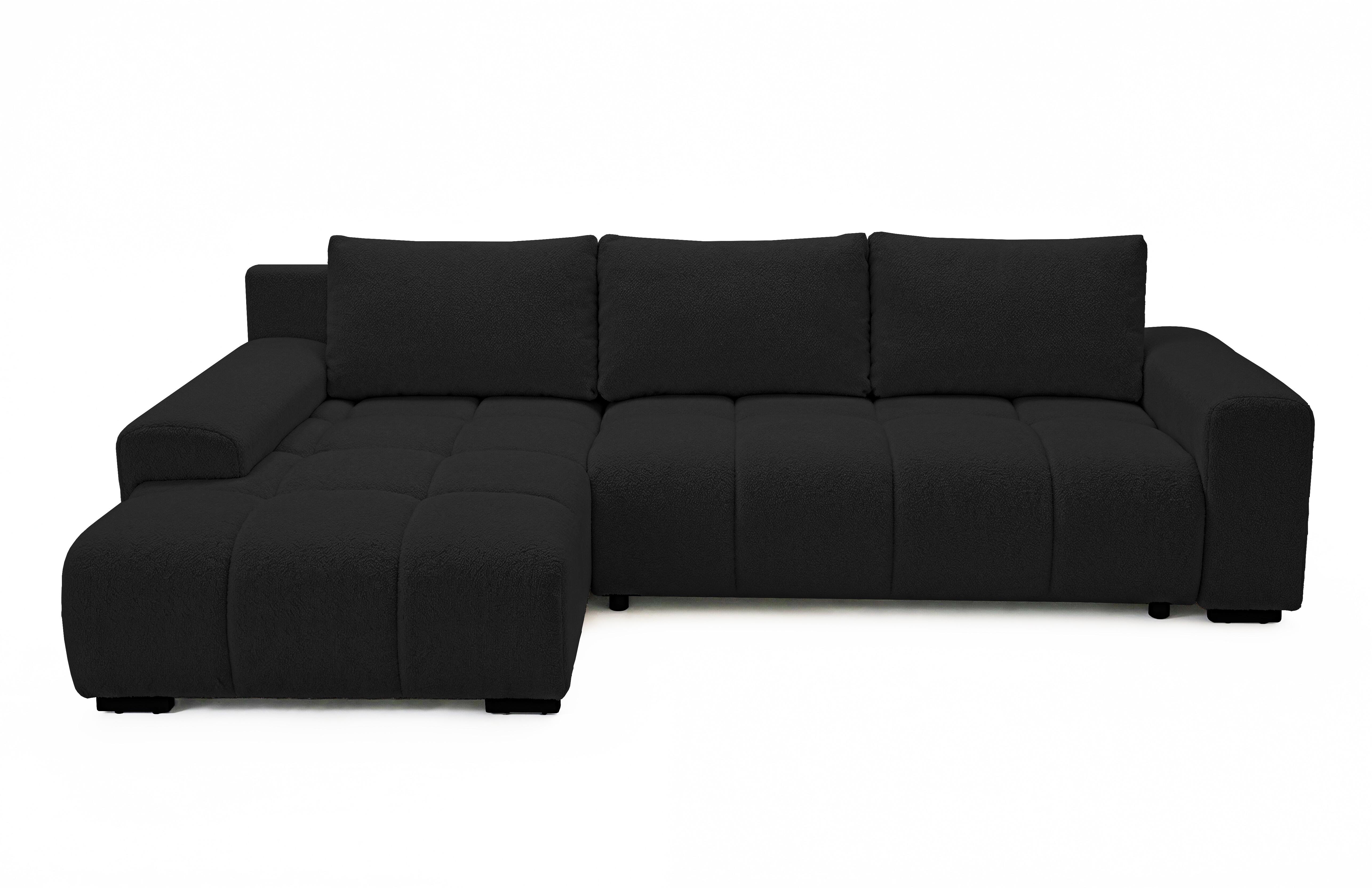 ECKSOFA Ovia mit Bettkasten und Schlaffunktion, Bouclé-Stoff in L-Form - Schwarz, Textil (270/185cm)