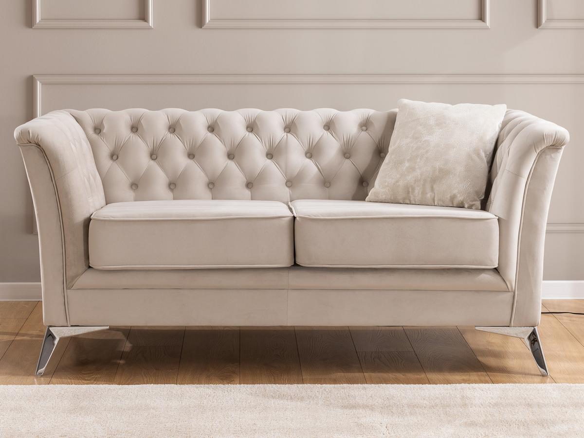 CHESTERFIELD-SOFA 2-sitzer Whitby Beige Samt mit silbernen Füßen - Beige/Silberfarben, Holz/Textil (175/78/82cm) - S-Style Möbel
