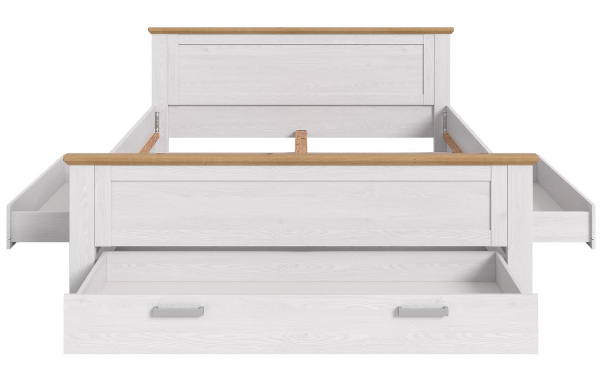 BETT weiß Lärche, Eiche Artisan Landhaus Liegefläche 180 x 200 cm, Doppelbett mit 3 Bettschubkästen - Eichefarben/Weiß, Holzwerkstoff/Metall (180/200cm) - Inn.Furn