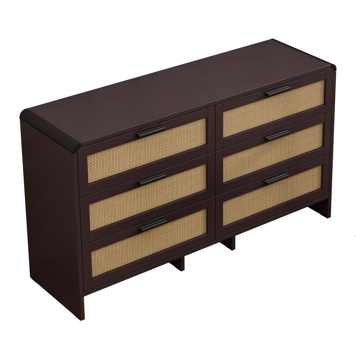 SIDEBOARD holzwerkstoff in rotbraun mit rattan-geflecht, abgerundete ecken & 6 schubladen - Walnussfarben, Holzwerkstoff (130/74/40cm) - Urban Meuble