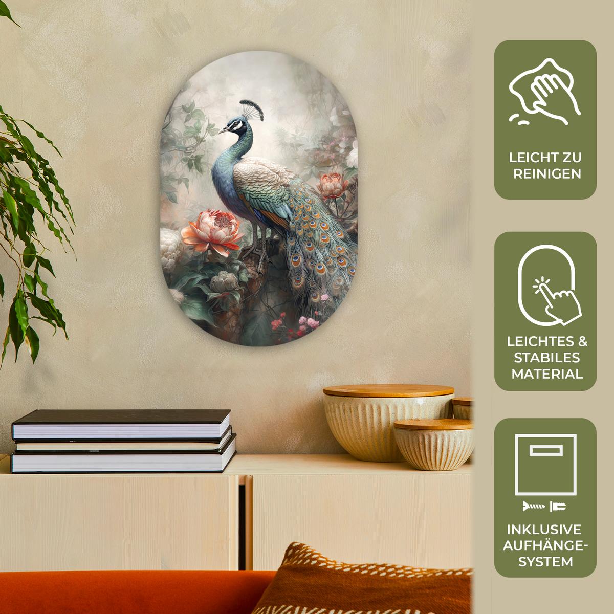 WANDBILD Pfau - Pfauenfedern - Vogel - Dschungel - Blumen Deko Wohnzimmer 40x60 cm - Smaragdgrün, Kunststoff (40/60cm) - MuchoWow